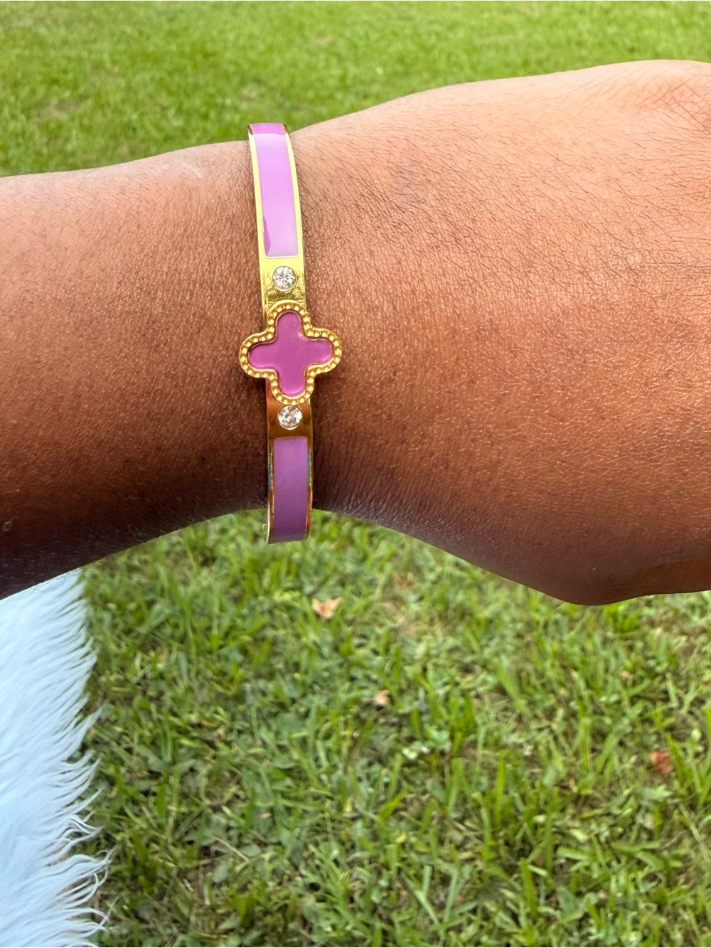 Gold-Tone Pink Clover Enamel Bangle Bracelet